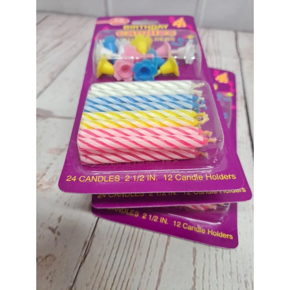 VTG Betty Crocker Birthday Candles With Holders 2.5" Striped Candles Pink Yellow - Picture 5 of 6